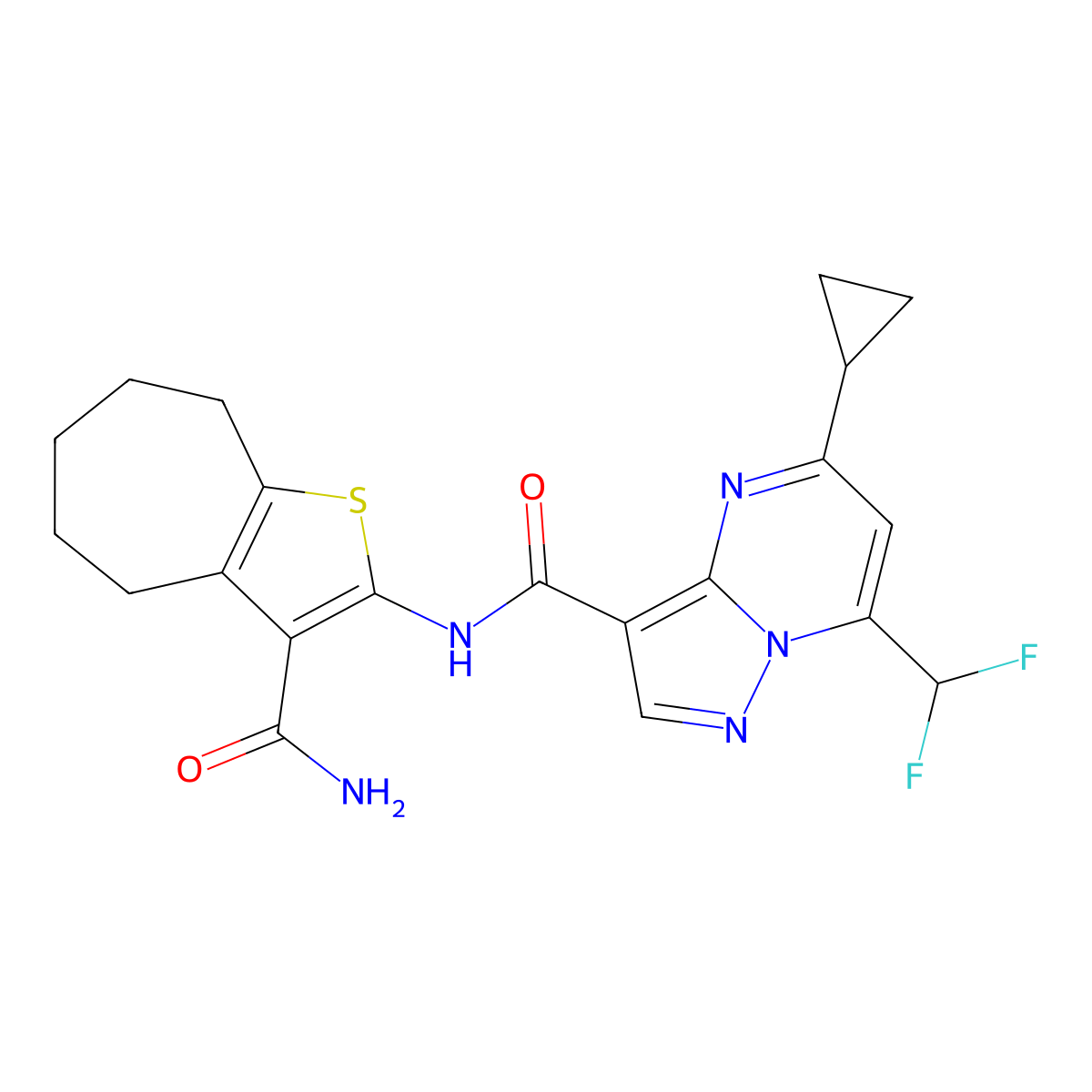 N-(3-carbamoyl-5,6,7,8-tetrahydro-4H-cyclohepta[b]thiophen-2-yl)-5-cyclopropyl-7-(difluoromethyl)pyrazolo[1,5-a]pyrimidine-3-carboxamide molecular structure, CAS 676336-62-2