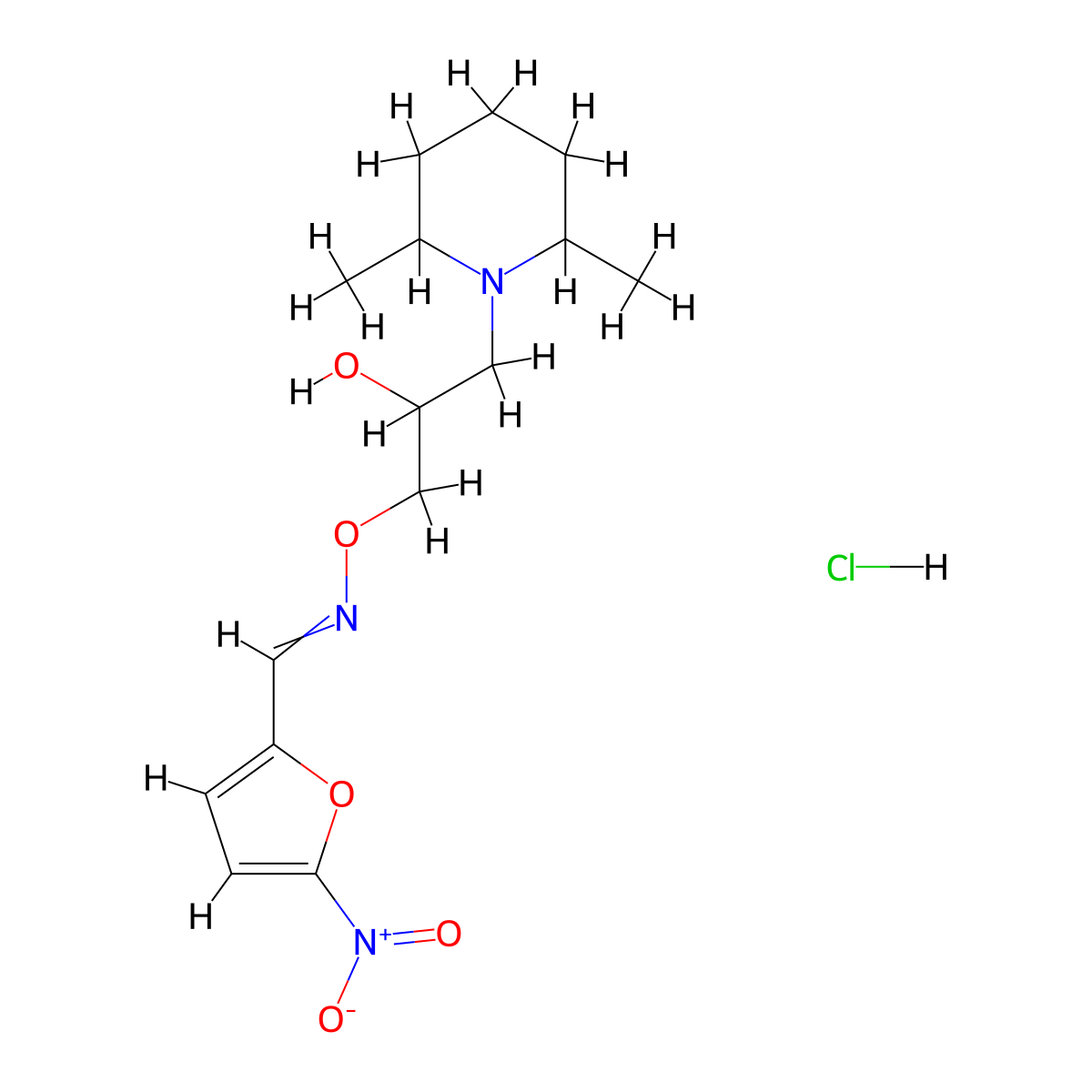 2-Furancarboxaldehyde, 5-nitro-, O-[3-(2,6-dimethyl-1-piperidinyl)-2-hydroxypropyl]oxime, monohydrochloride molecular structure, CAS 67642-21-1