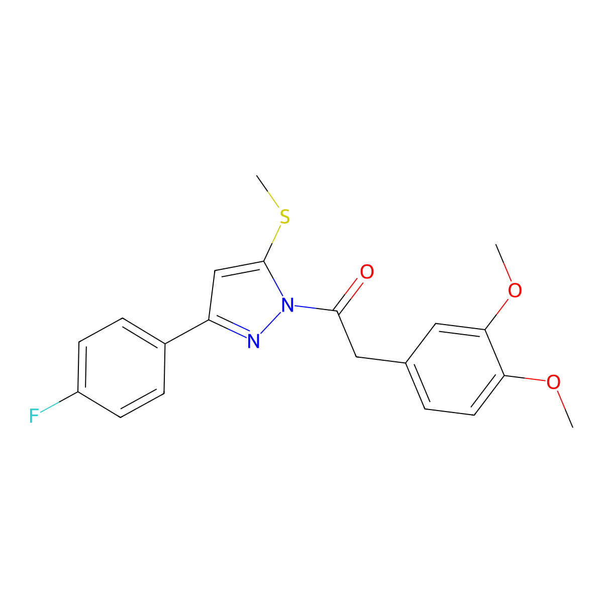 2-(3,4-Dimethoxyphenyl)-1-[3-(4-fluorophenyl)-5-(methylthio)-1H-pyrazol-1-yl]ethanone molecular structure, CAS 676438-99-6