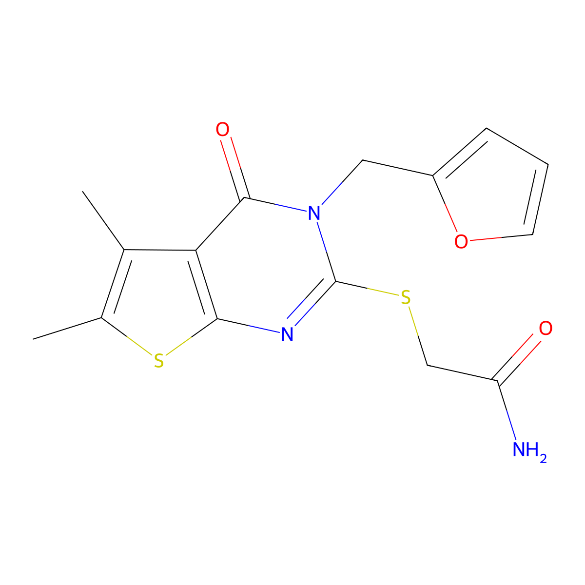 2-{[3-(Furan-2-ylmethyl)-5,6-dimethyl-4-oxo-3,4-dihydrothieno[2,3-d]pyrimidin-2-yl]sulfanyl}acetamide molecular structure, CAS 676439-62-6