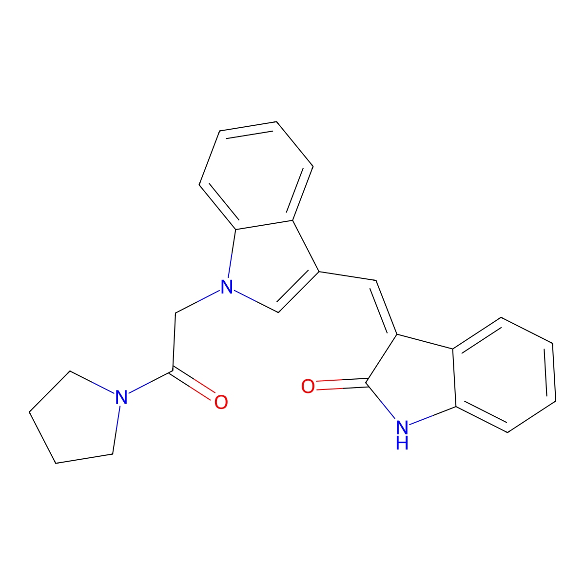 3-[[1-(2-oxo-2-pyrrolidin-1-ylethyl)indol-3-yl]methylidene]-1H-indol-2-one molecular structure, CAS 676441-93-3