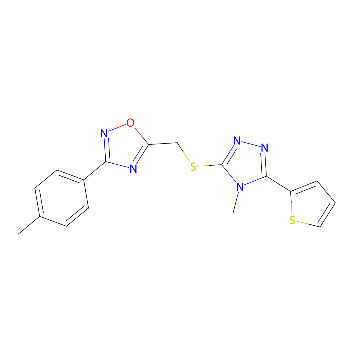 3-(4-Methylphenyl)-5-[(4-methyl-5-thiophen-2-yl-1,2,4-triazol-3-yl)sulfanylmethyl]-1,2,4-oxadiazole molecular structure, CAS 676442-12-9