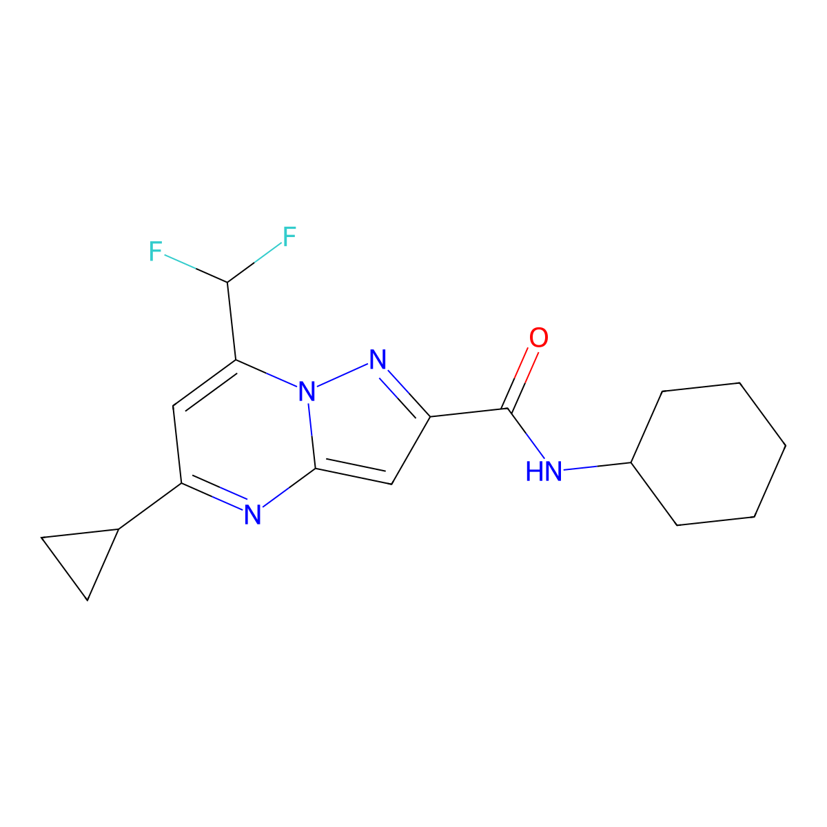 N-cyclohexyl-5-cyclopropyl-7-(difluoromethyl)pyrazolo[1,5-a]pyrimidine-2-carboxamide molecular structure, CAS 676442-96-9