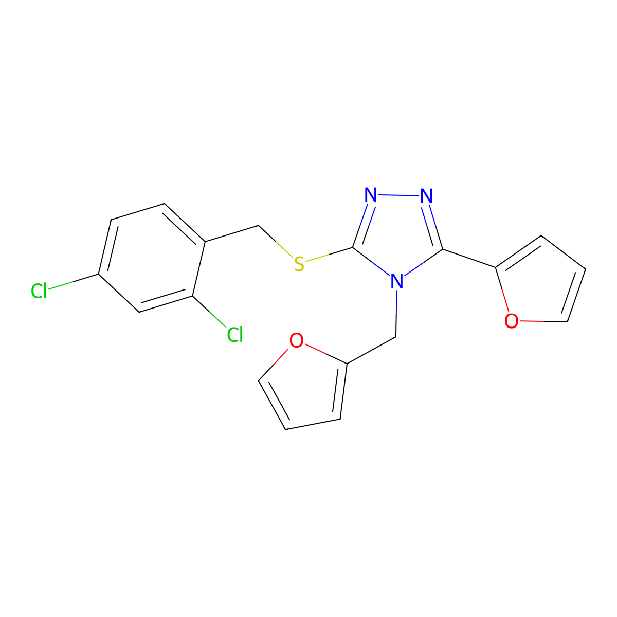 3-[(2,4-dichlorobenzyl)sulfanyl]-5-(furan-2-yl)-4-(furan-2-ylmethyl)-4H-1,2,4-triazole molecular structure, CAS 676458-70-1
