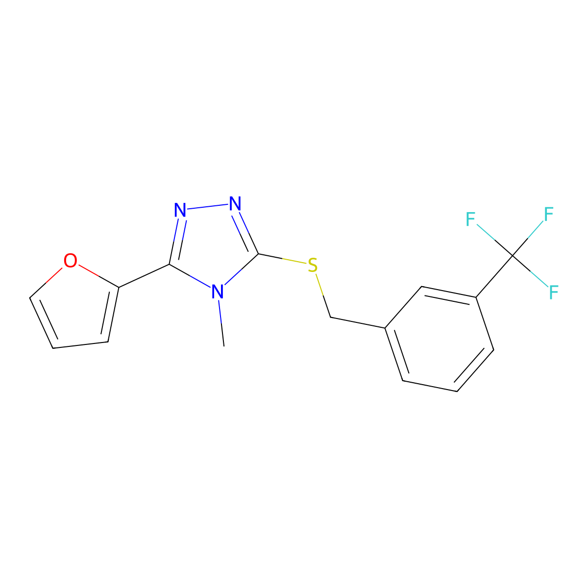 3-(Furan-2-yl)-4-methyl-5-[[3-(trifluoromethyl)phenyl]methylsulfanyl]-1,2,4-triazole molecular structure, CAS 676458-76-7