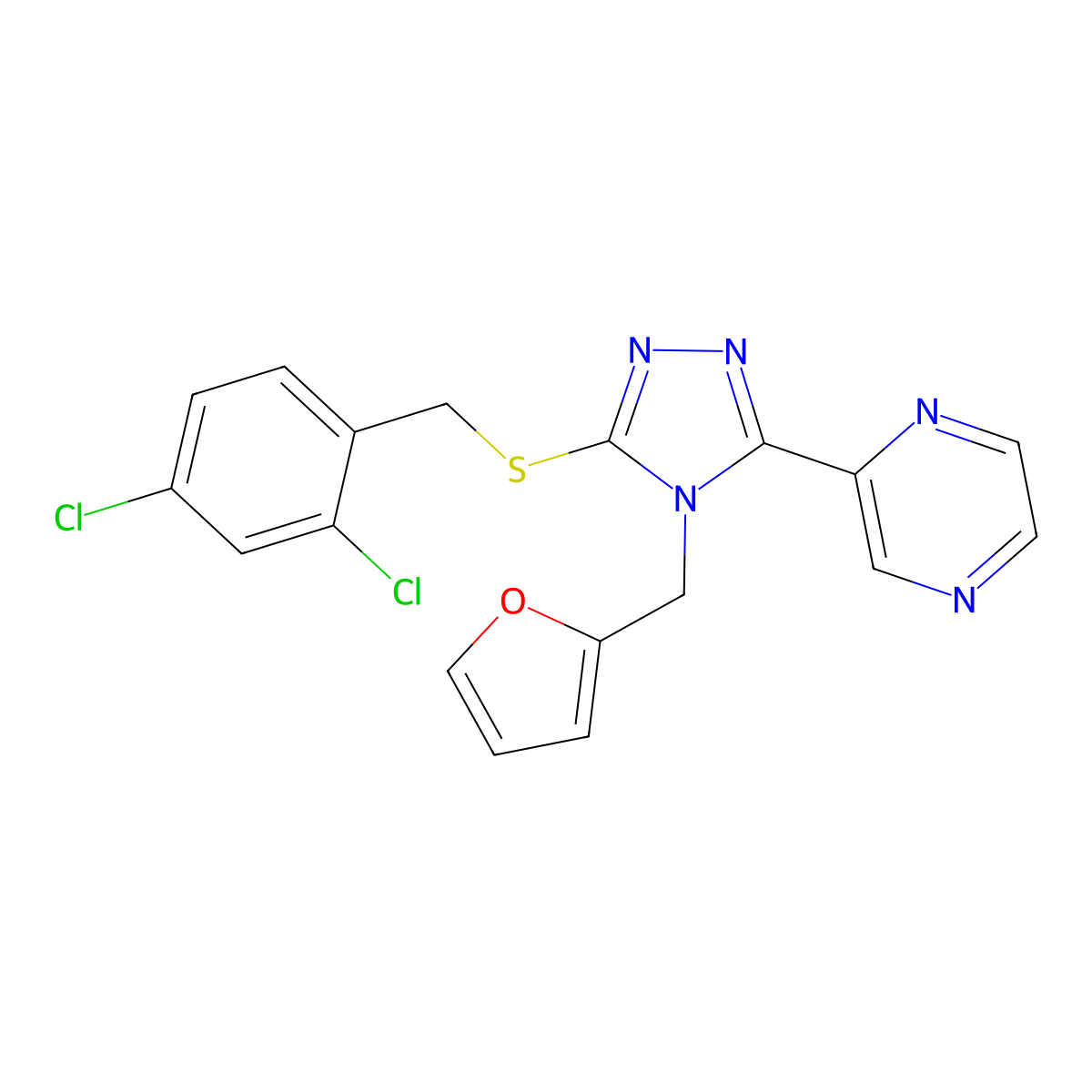 2,4-dichlorobenzyl 4-(2-furylmethyl)-5-(2-pyrazinyl)-4H-1,2,4-triazol-3-yl sulfide molecular structure, CAS 676459-22-6