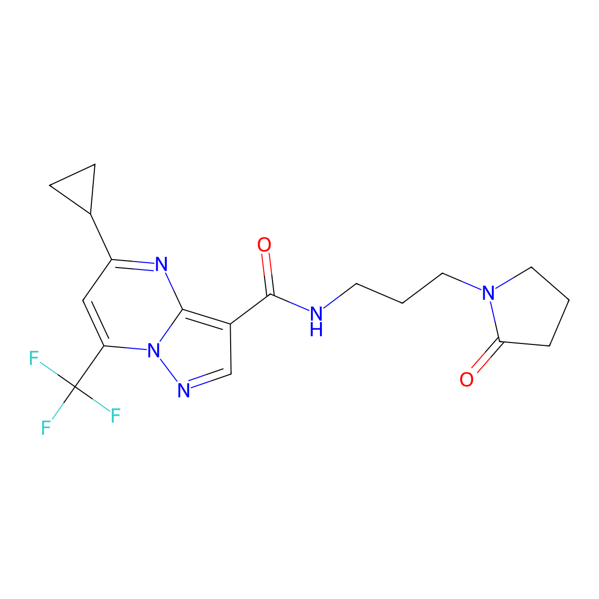 5-cyclopropyl-N-[3-(2-oxopyrrolidin-1-yl)propyl]-7-(trifluoromethyl)pyrazolo[1,5-a]pyrimidine-3-carboxamide molecular structure, CAS 676462-79-6
