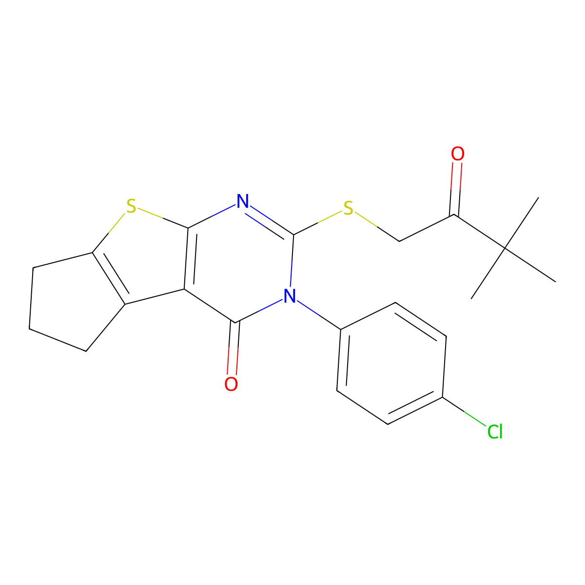 3-(4-chlorophenyl)-2-[(3,3-dimethyl-2-oxobutyl)sulfanyl]-3,5,6,7-tetrahydro-4H-cyclopenta[4,5]thieno[2,3-d]pyrimidin-4-one molecular structure, CAS 676464-01-0
