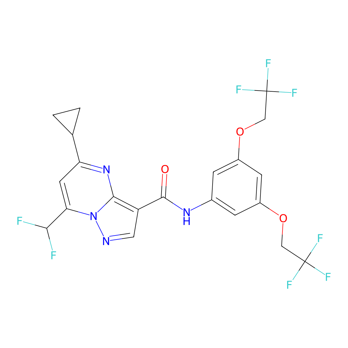 N-[3,5-bis(2,2,2-trifluoroethoxy)phenyl]-5-cyclopropyl-7-(difluoromethyl)pyrazolo[1,5-a]pyrimidine-3-carboxamide molecular structure, CAS 676468-81-8