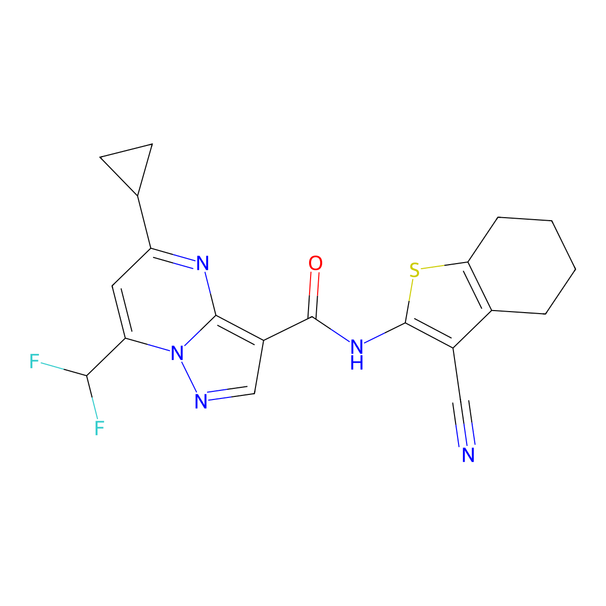 N-(3-cyano-4,5,6,7-tetrahydro-1-benzothiophen-2-yl)-5-cyclopropyl-7-(difluoromethyl)pyrazolo[1,5-a]pyrimidine-3-carboxamide molecular structure, CAS 676469-04-8