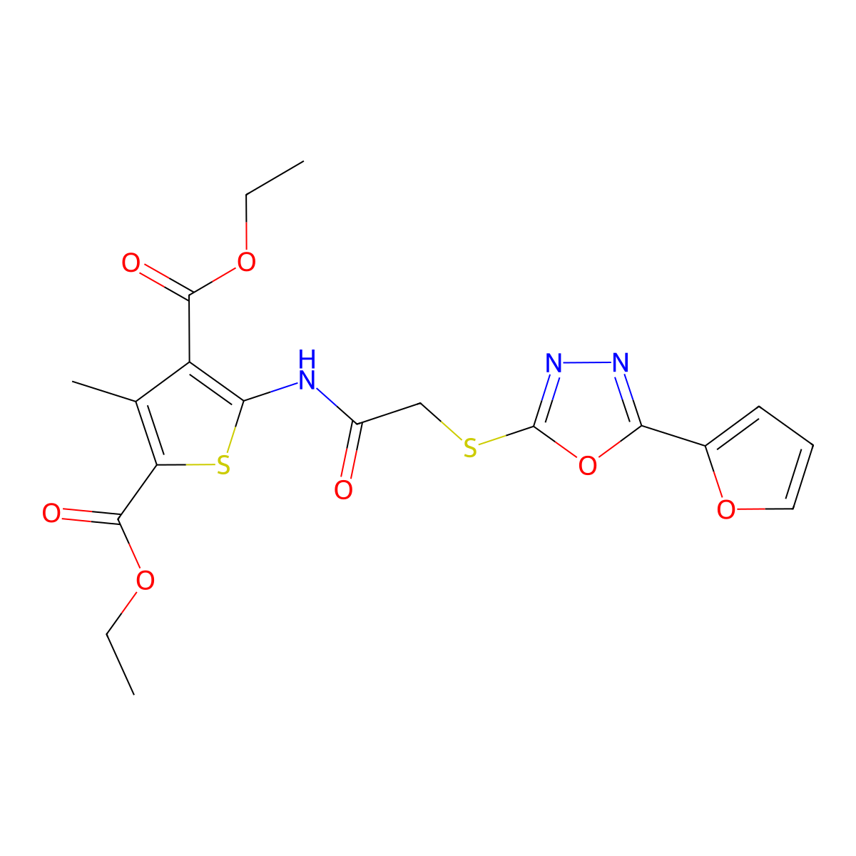 Diethyl 5-[({[5-(2-furyl)-1,3,4-oxadiazol-2-yl]thio}acetyl)amino]-3-methyl-2,4-thiophenedicarboxylate molecular structure, CAS 676469-21-9