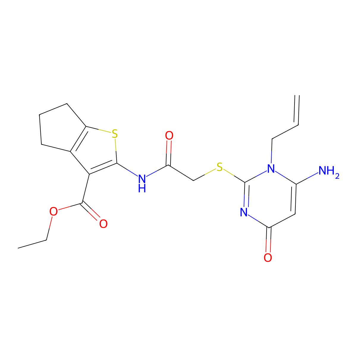 Ethyl 2-((2-((6-amino-1,4-dihydro-4-oxo-1-(2-propen-1-yl)-2-pyrimidinyl)thio)acetyl)amino)-5,6-dihydro-4H-cyclopenta(b)thiophene-3-carboxylate molecular structure, CAS 676470-16-9