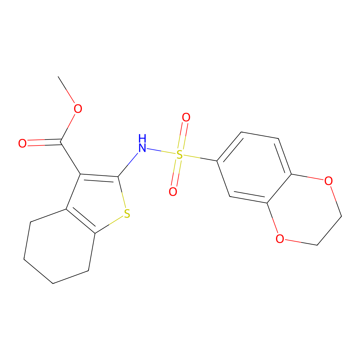 Methyl 2-(2,3-dihydrobenzo[b][1,4]dioxine-6-sulfonamido)-4,5,6,7-tetrahydrobenzo[b]thiophene-3-carboxylate molecular structure, CAS 676470-22-7