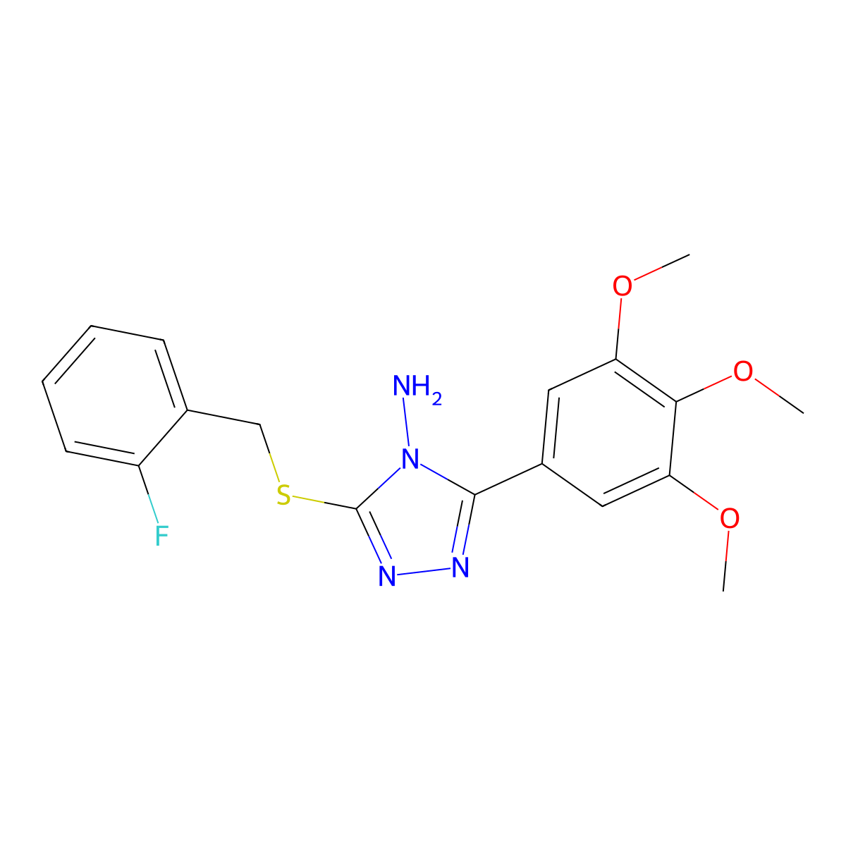 3-((2-Fluorobenzyl)thio)-5-(3,4,5-trimethoxyphenyl)-4H-1,2,4-triazol-4-ylamine molecular structure, CAS 676470-23-8
