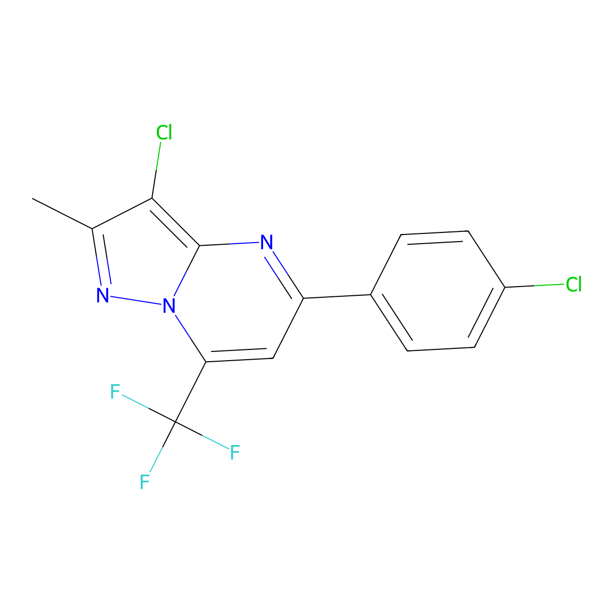 3-Chloro-5-(4-chlorophenyl)-2-methyl-7-(trifluoromethyl)pyrazolo[1,5-a]pyrimidine molecular structure, CAS 676470-79-4