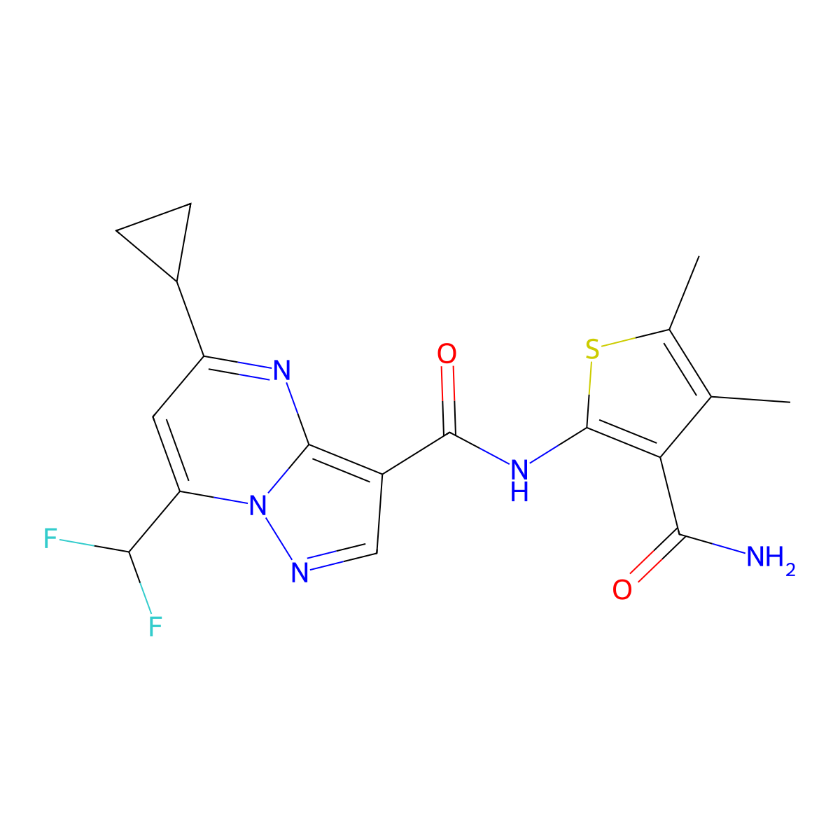 N-(3-carbamoyl-4,5-dimethylthiophen-2-yl)-5-cyclopropyl-7-(difluoromethyl)pyrazolo[1,5-a]pyrimidine-3-carboxamide molecular structure, CAS 676470-82-9
