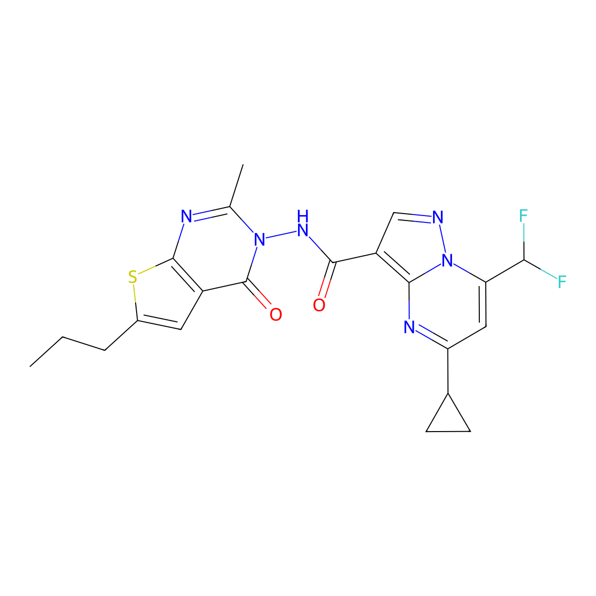 5-cyclopropyl-7-(difluoromethyl)-N-(2-methyl-4-oxo-6-propylthieno[2,3-d]pyrimidin-3-yl)pyrazolo[1,5-a]pyrimidine-3-carboxamide molecular structure, CAS 676475-19-7