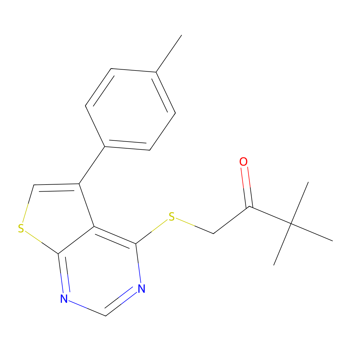3,3-Dimethyl-1-{[5-(4-methylphenyl)thieno[2,3-d]pyrimidin-4-yl]sulfanyl}butan-2-one molecular structure, CAS 676475-93-7