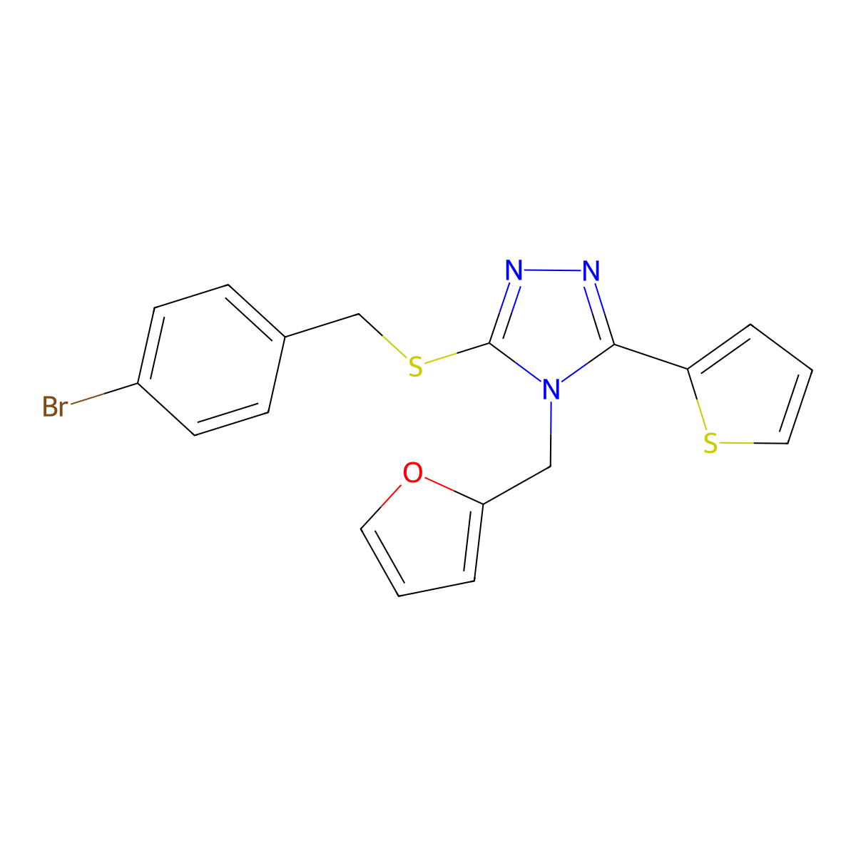 3-[(4-bromobenzyl)sulfanyl]-4-(furan-2-ylmethyl)-5-(thiophen-2-yl)-4H-1,2,4-triazole molecular structure, CAS 676521-47-4