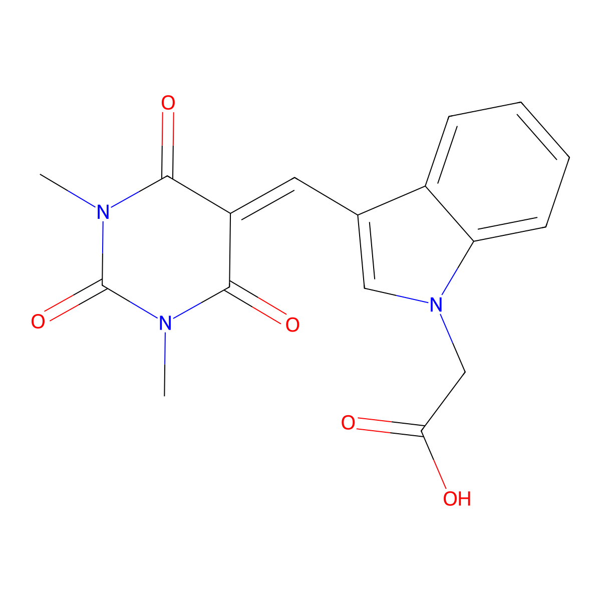 2-[3-[(1,3-dimethyl-2,4,6-trioxo-1,3-diazinan-5-ylidene)methyl]indol-1-yl]acetic Acid molecular structure, CAS 676521-55-4