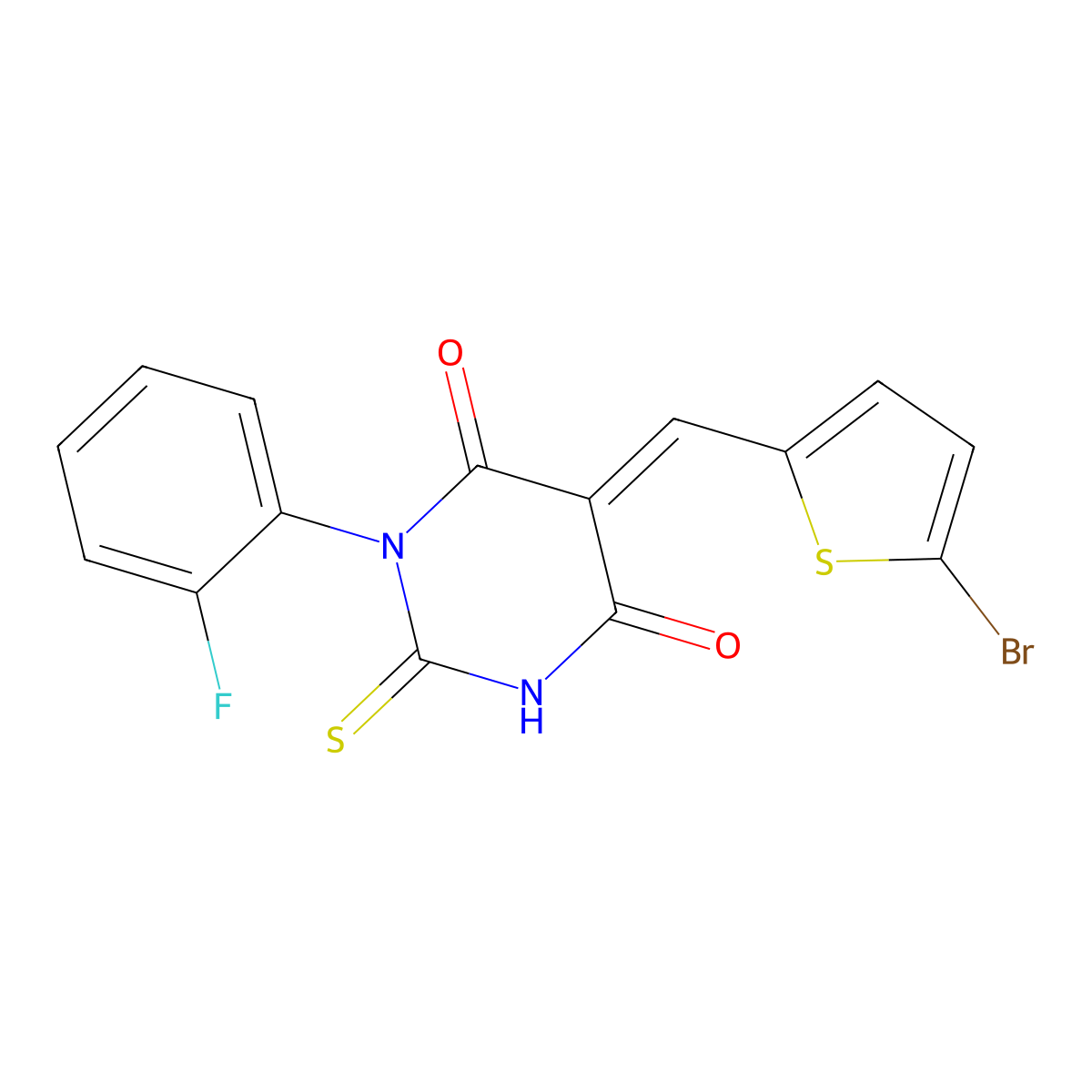 5-[(5-Bromothiophen-2-yl)methylidene]-1-(2-fluorophenyl)-2-sulfanylidene-1,3-diazinane-4,6-dione molecular structure, CAS 676521-72-5
