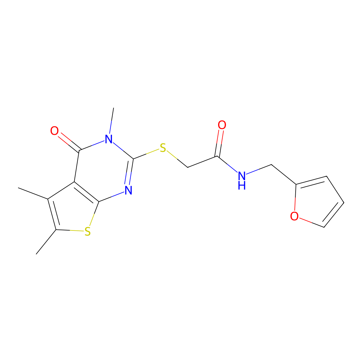 N-(furan-2-ylmethyl)-2-(3,5,6-trimethyl-4-oxothieno[2,3-d]pyrimidin-2-yl)sulfanylacetamide molecular structure, CAS 676522-96-6