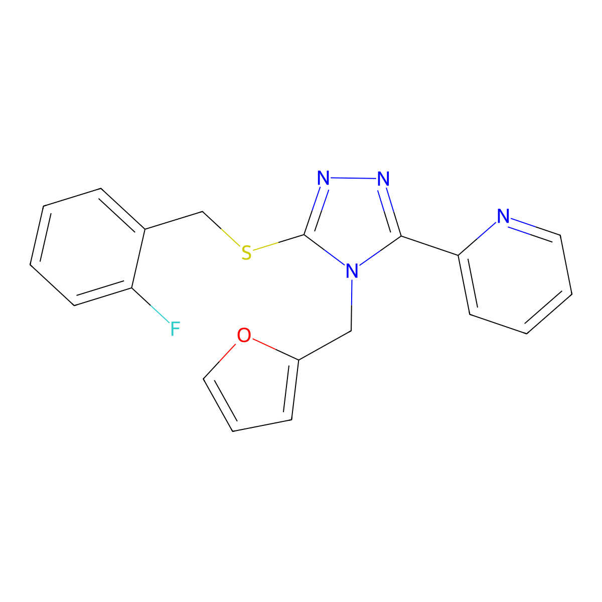 2-[5-[(2-Fluorophenyl)methylsulfanyl]-4-(furan-2-ylmethyl)-1,2,4-triazol-3-yl]pyridine molecular structure, CAS 676538-55-9