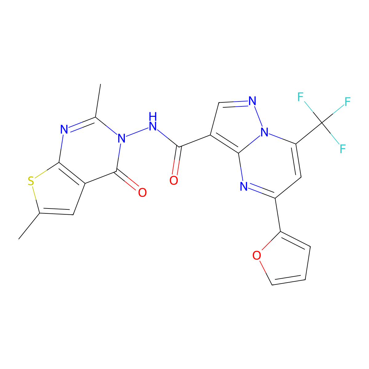 N-(2,6-dimethyl-4-oxothieno[2,3-d]pyrimidin-3-yl)-5-(furan-2-yl)-7-(trifluoromethyl)pyrazolo[1,5-a]pyrimidine-3-carboxamide molecular structure, CAS 676579-73-0