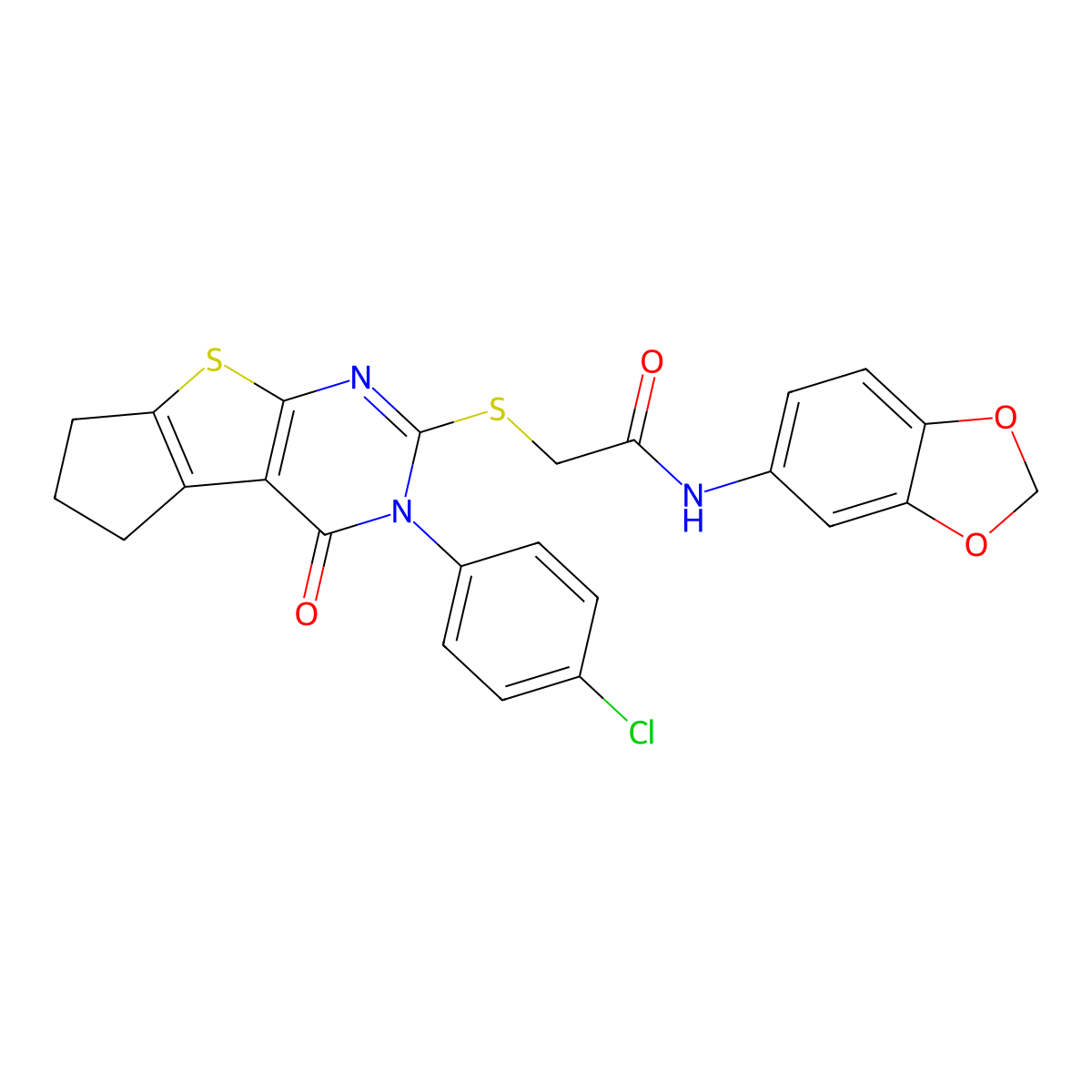 N-(1,3-benzodioxol-5-yl)-2-{[3-(4-chlorophenyl)-4-oxo-3,5,6,7-tetrahydro-4H-cyclopenta[4,5]thieno[2,3-d]pyrimidin-2-yl]sulfanyl}acetamide molecular structure, CAS 676580-01-1