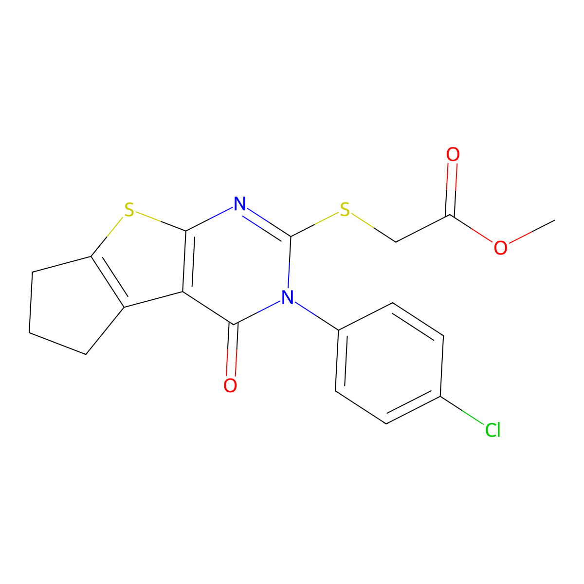 Methyl 2-{[11-(4-chlorophenyl)-12-oxo-7-thia-9,11-diazatricyclo[6.4.0.0,2,6]dodeca-1(8),2(6),9-trien-10-yl]sulfanyl}acetate molecular structure, CAS 676581-53-6
