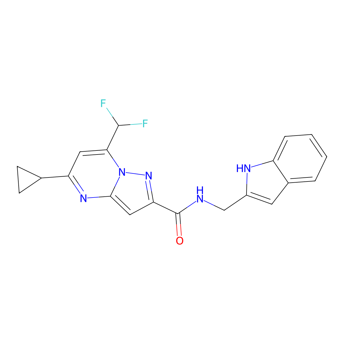 5-cyclopropyl-7-(difluoromethyl)-N-(1H-indol-2-ylmethyl)pyrazolo[1,5-a]pyrimidine-2-carboxamide molecular structure, CAS 676583-03-2