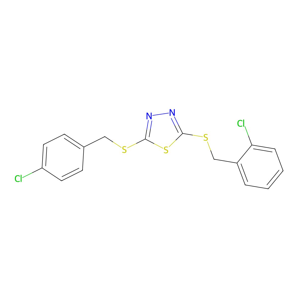 2-[(2-Chlorobenzyl)sulfanyl]-5-[(4-chlorobenzyl)sulfanyl]-1,3,4-thiadiazole molecular structure, CAS 676584-31-9