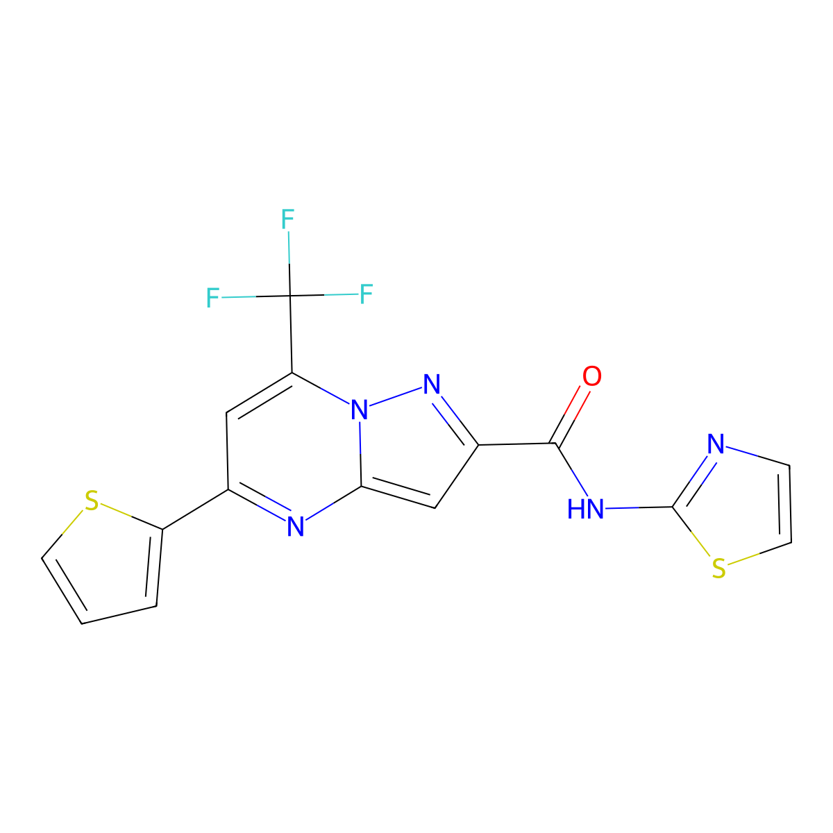 N-(1,3-thiazol-2-yl)-5-(thiophen-2-yl)-7-(trifluoromethyl)pyrazolo[1,5-a]pyrimidine-2-carboxamide molecular structure, CAS 676588-25-3