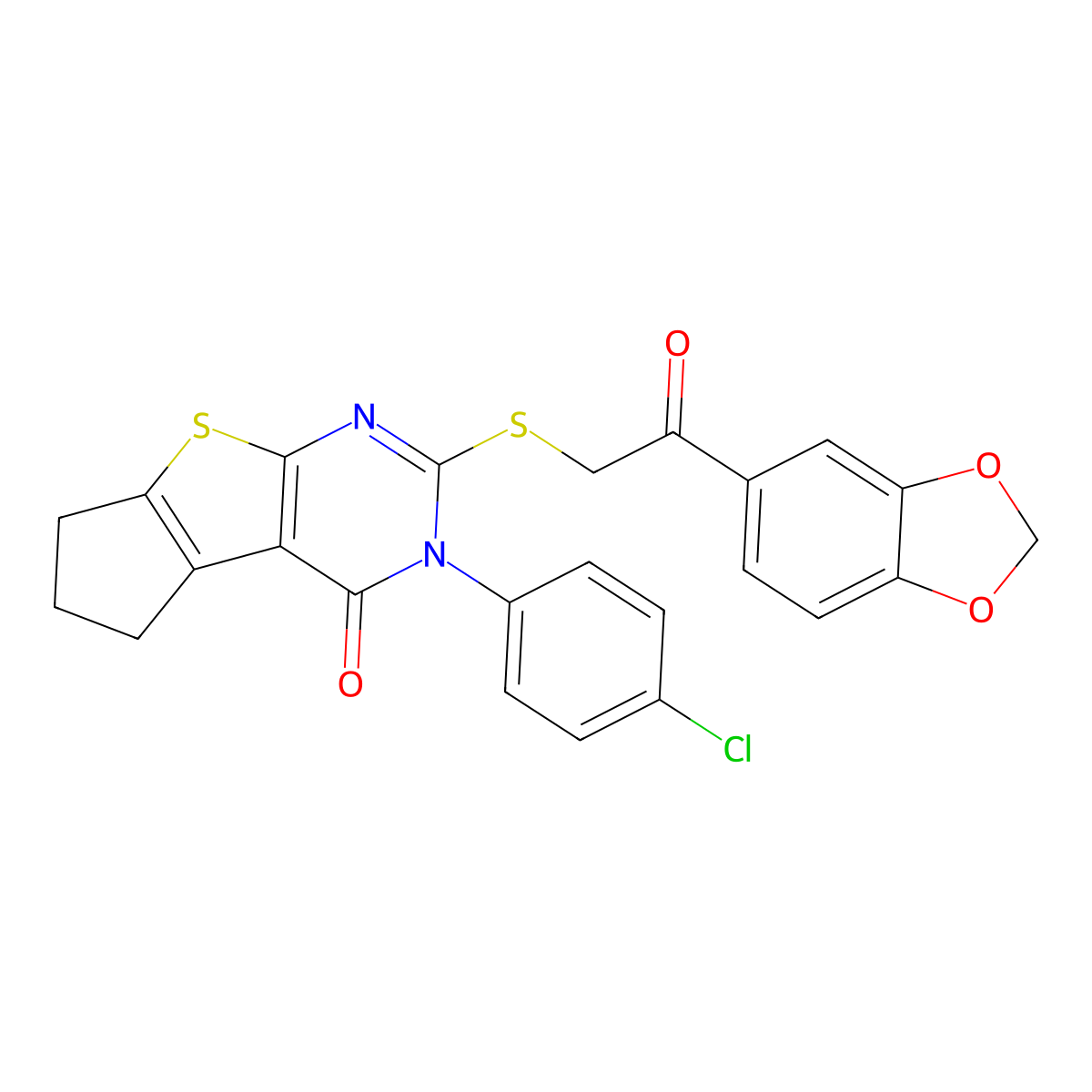 2-{[2-(1,3-benzodioxol-5-yl)-2-oxoethyl]sulfanyl}-3-(4-chlorophenyl)-3,5,6,7-tetrahydro-4H-cyclopenta[4,5]thieno[2,3-d]pyrimidin-4-one molecular structure, CAS 676588-50-4