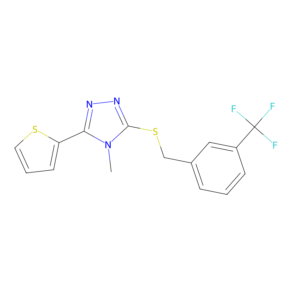 4-methyl-3-(thiophen-2-yl)-5-{[3-(trifluoromethyl)benzyl]sulfanyl}-4H-1,2,4-triazole molecular structure, CAS 676588-51-5