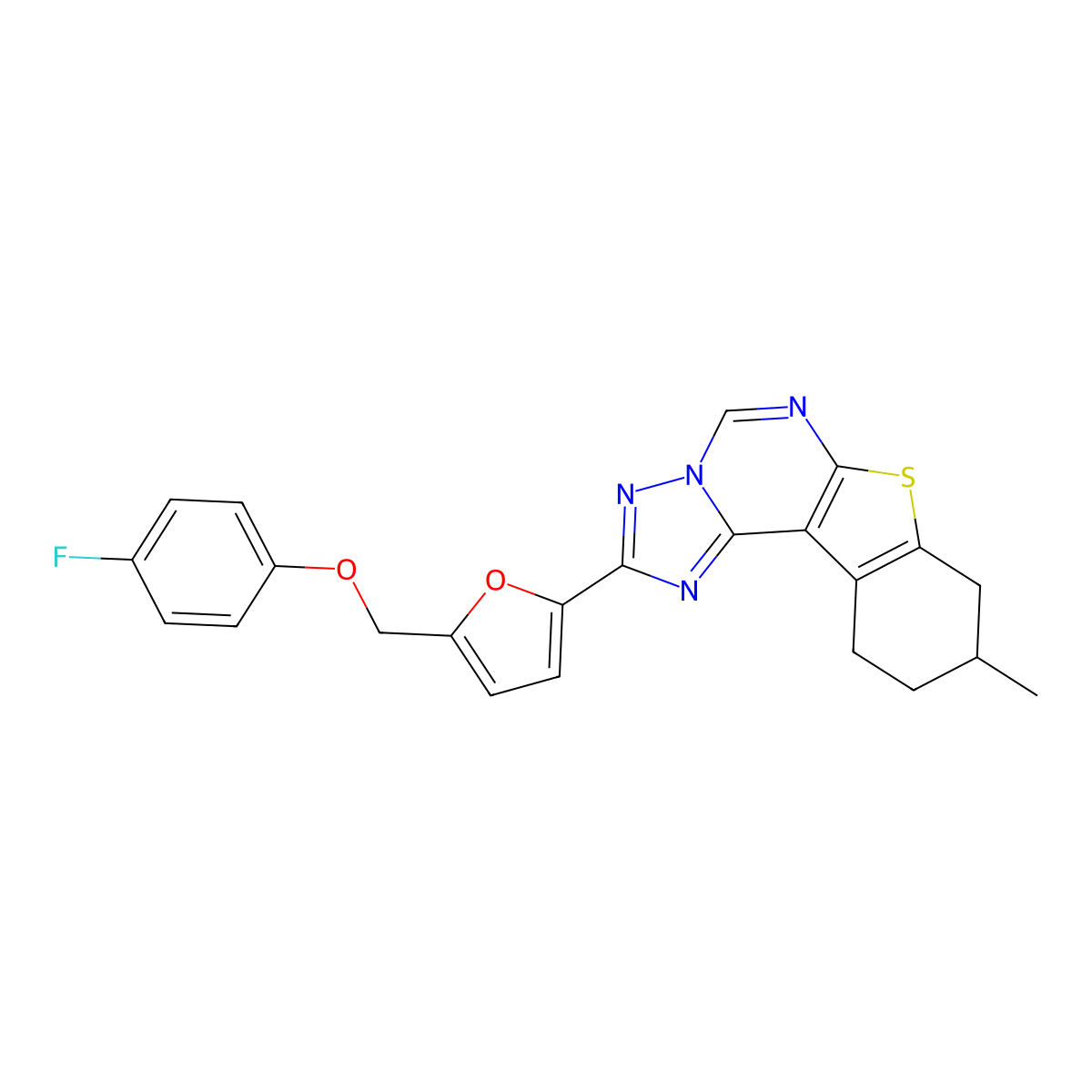 2-{5-[(4-Fluorophenoxy)methyl]-2-furyl}-9-methyl-8,9,10,11-tetrahydro[1]benzothieno[3,2-E][1,2,4]triazolo[1,5-C]pyrimidine molecular structure, CAS 676588-84-4