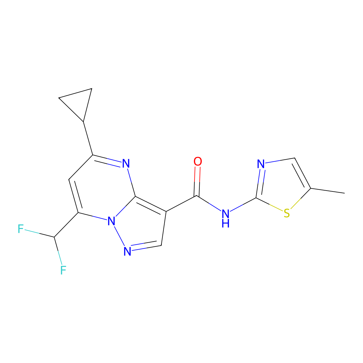 5-cyclopropyl-7-(difluoromethyl)-N-(5-methyl-1,3-thiazol-2-yl)pyrazolo[1,5-a]pyrimidine-3-carboxamide molecular structure, CAS 676589-02-9