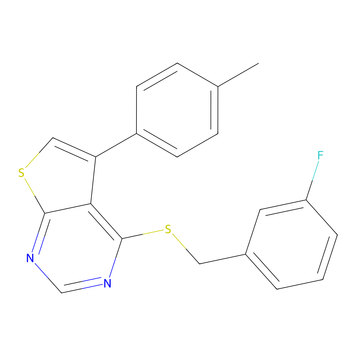 4-[(3-Fluorobenzyl)sulfanyl]-5-(4-methylphenyl)thieno[2,3-d]pyrimidine molecular structure, CAS 676589-45-0