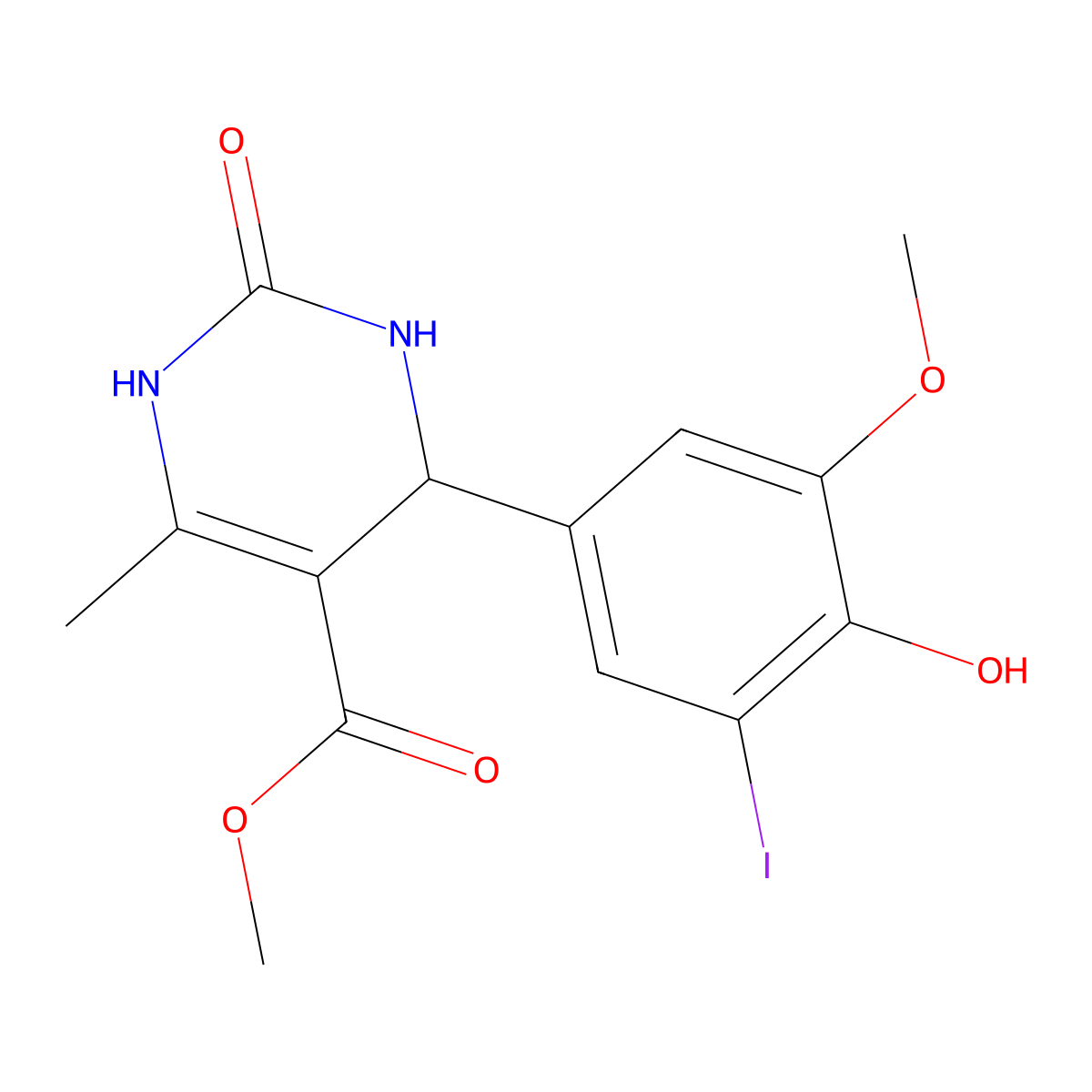 Methyl 4-(4-hydroxy-3-iodo-5-methoxyphenyl)-6-methyl-2-oxo-1,2,3,4-tetrahydropyrimidine-5-carboxylate molecular structure, CAS 676591-20-1
