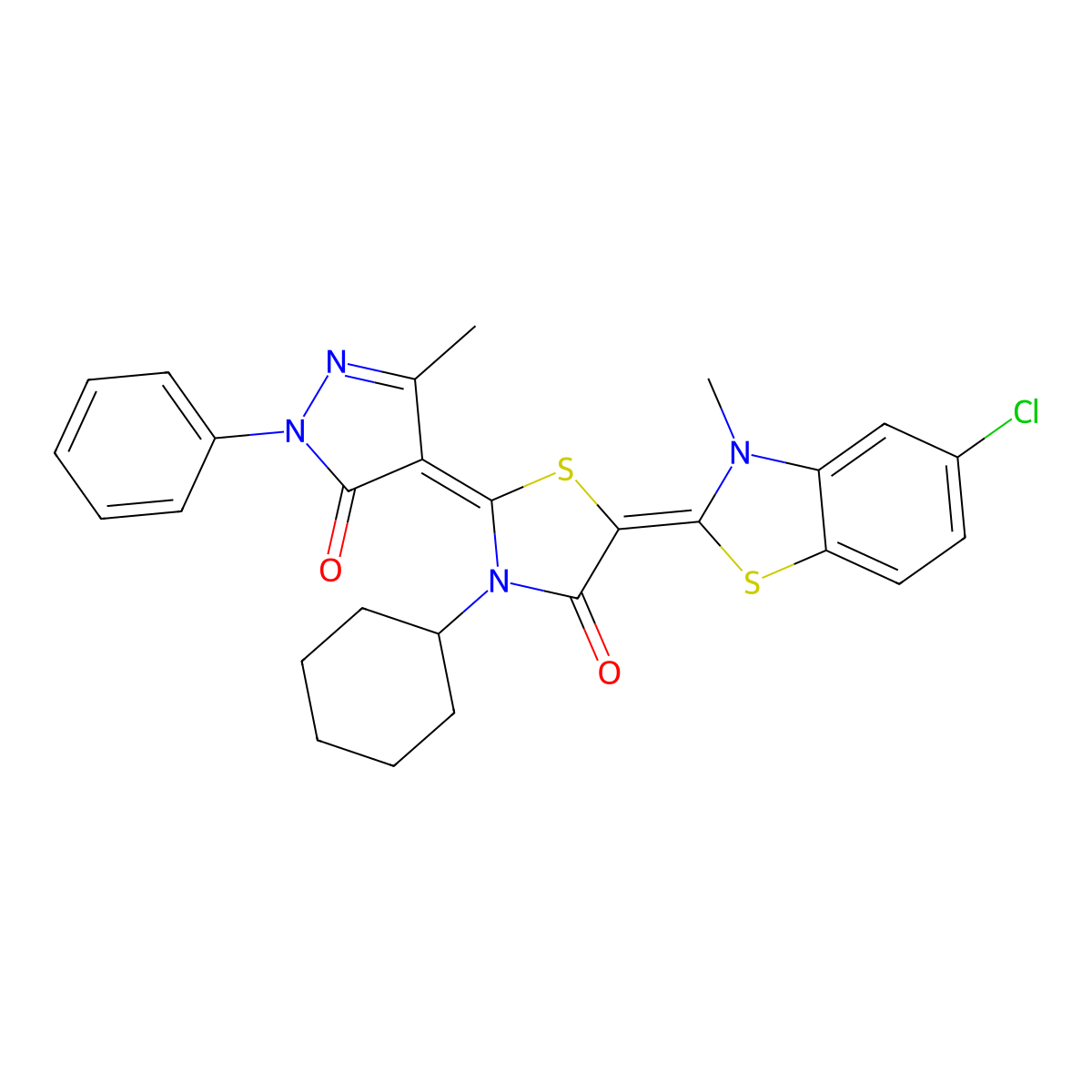 5-(5-Chloro-3-methylbenzo[d]thiazol-2(3H)-ylidene)-3-cyclohexyl-2-(3-methyl-5-oxo-1-phenyl-1,5-dihydro-4H-pyrazol-4-ylidene)thiazolidin-4-one molecular structure, CAS 676615-14-8