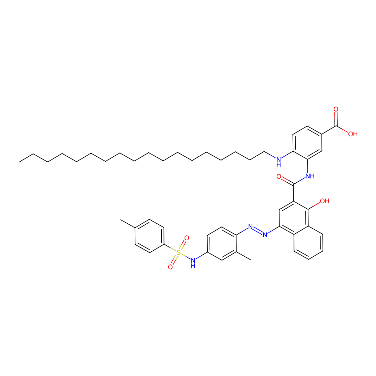 3-[({1-hydroxy-4-[(E)-(2-methyl-4-{[(4-methylphenyl)sulfonyl]amino}phenyl)diazenyl]naphthalen-2-yl}carbonyl)amino]-4-(octadecylamino)benzoic acid molecular structure, CAS 676615-75-1