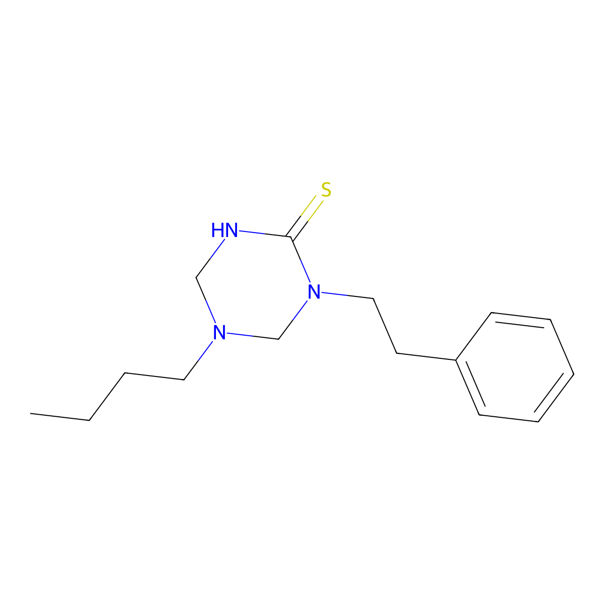 5-Butyl-1-phenethyl-1,3,5-triazinane-2-thione molecular structure, CAS 676624-92-3