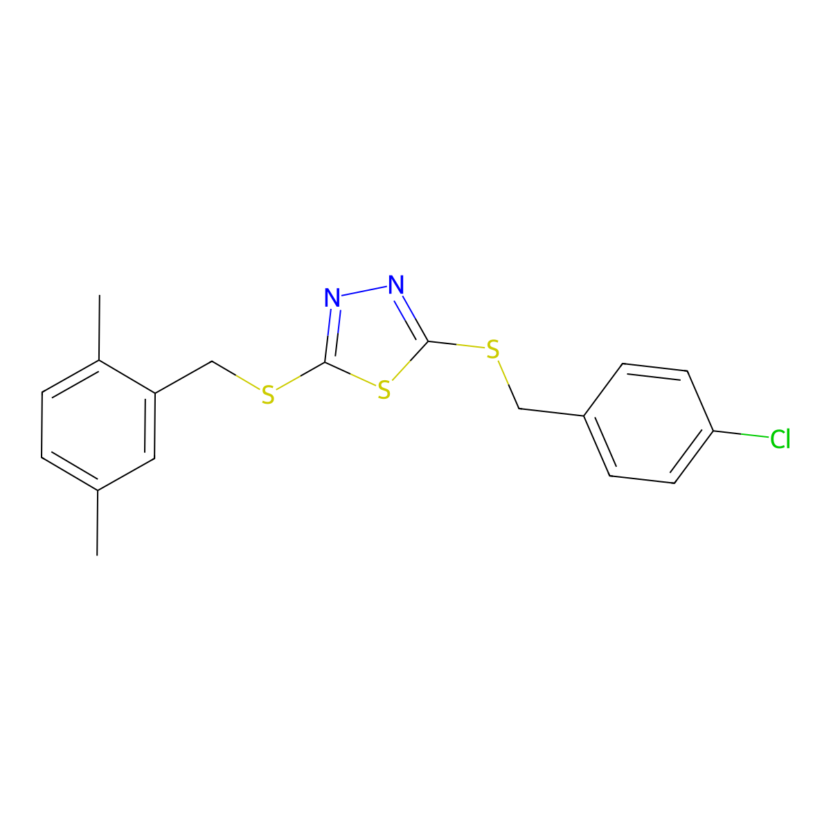 2-((4-Chlorobenzyl)thio)-5-((2,5-dimethylbenzyl)thio)-1,3,4-thiadiazole molecular structure, CAS 676629-64-4