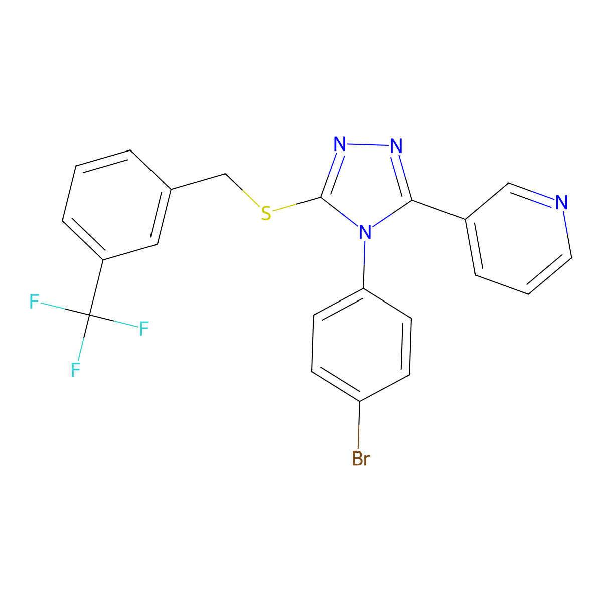 3-(4-(4-bromophenyl)-5-{[3-(trifluoromethyl)benzyl]sulfanyl}-4H-1,2,4-triazol-3-yl)pyridine molecular structure, CAS 676638-40-7