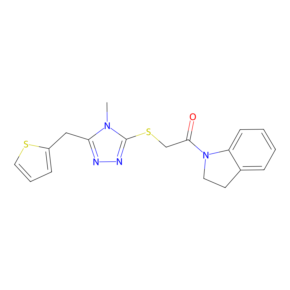 1-(2,3-Dihydroindol-1-yl)-2-[[4-methyl-5-(thiophen-2-ylmethyl)-1,2,4-triazol-3-yl]sulfanyl]ethanone molecular structure, CAS 676640-79-2