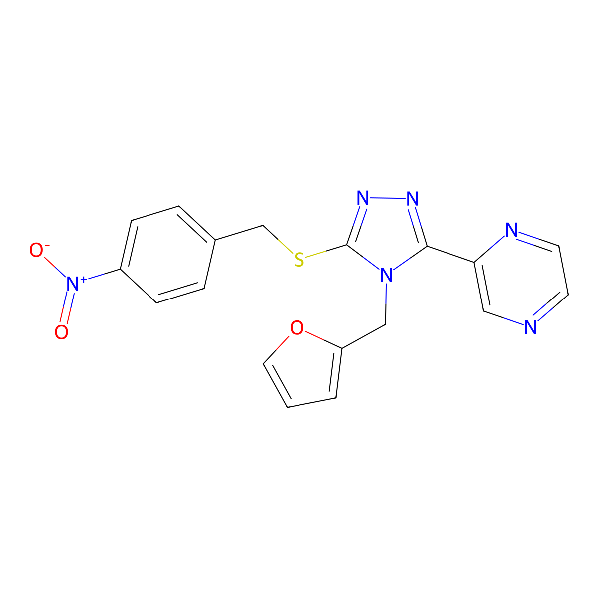 2-[4-(Furan-2-ylmethyl)-5-[(4-nitrophenyl)methylsulfanyl]-1,2,4-triazol-3-yl]pyrazine molecular structure, CAS 676641-07-9