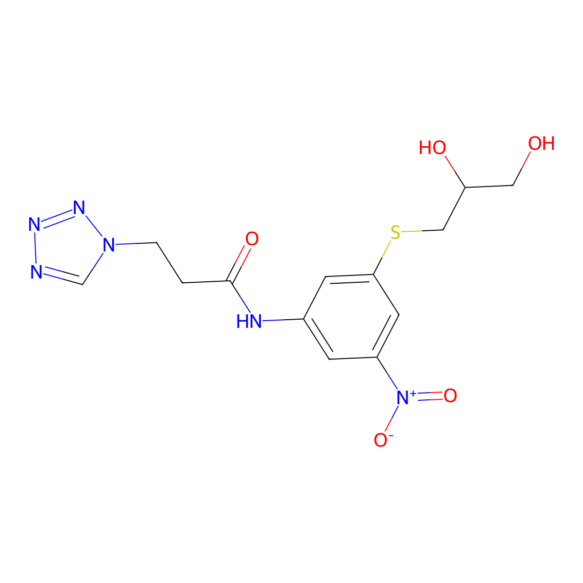 N-[3-(2,3-dihydroxypropylsulfanyl)-5-nitrophenyl]-3-(tetrazol-1-yl)propanamide molecular structure, CAS 676641-85-3
