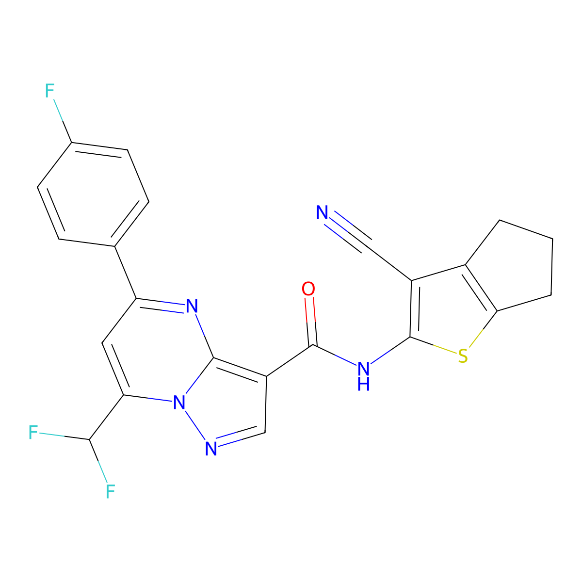 N-(3-cyano-5,6-dihydro-4H-cyclopenta[b]thiophen-2-yl)-7-(difluoromethyl)-5-(4-fluorophenyl)pyrazolo[1,5-a]pyrimidine-3-carboxamide molecular structure, CAS 676643-99-5