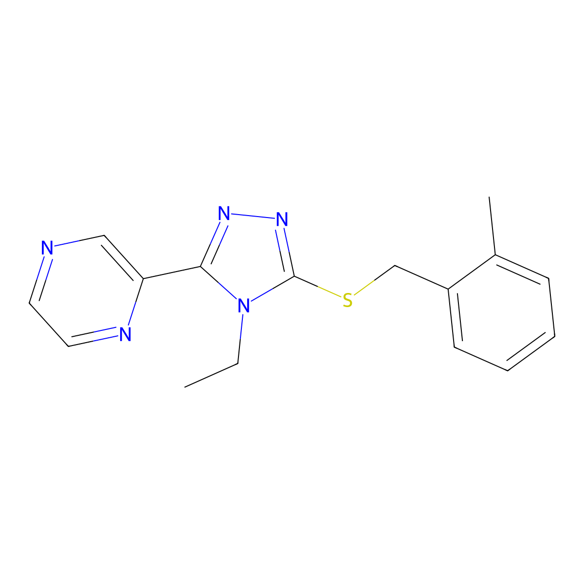 4-Ethyl-3-[(2-methylphenyl)methylthio]-5-pyrazin-2-yl-1,2,4-triazole molecular structure, CAS 676644-81-8