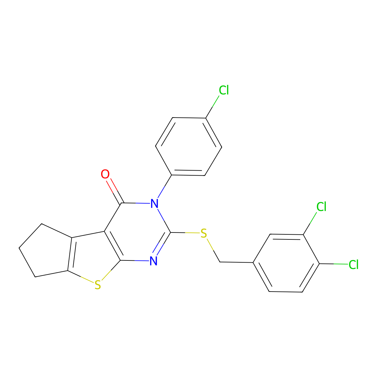 3-(4-chlorophenyl)-2-[(3,4-dichlorobenzyl)sulfanyl]-3,5,6,7-tetrahydro-4H-cyclopenta[4,5]thieno[2,3-d]pyrimidin-4-one molecular structure, CAS 676645-99-1